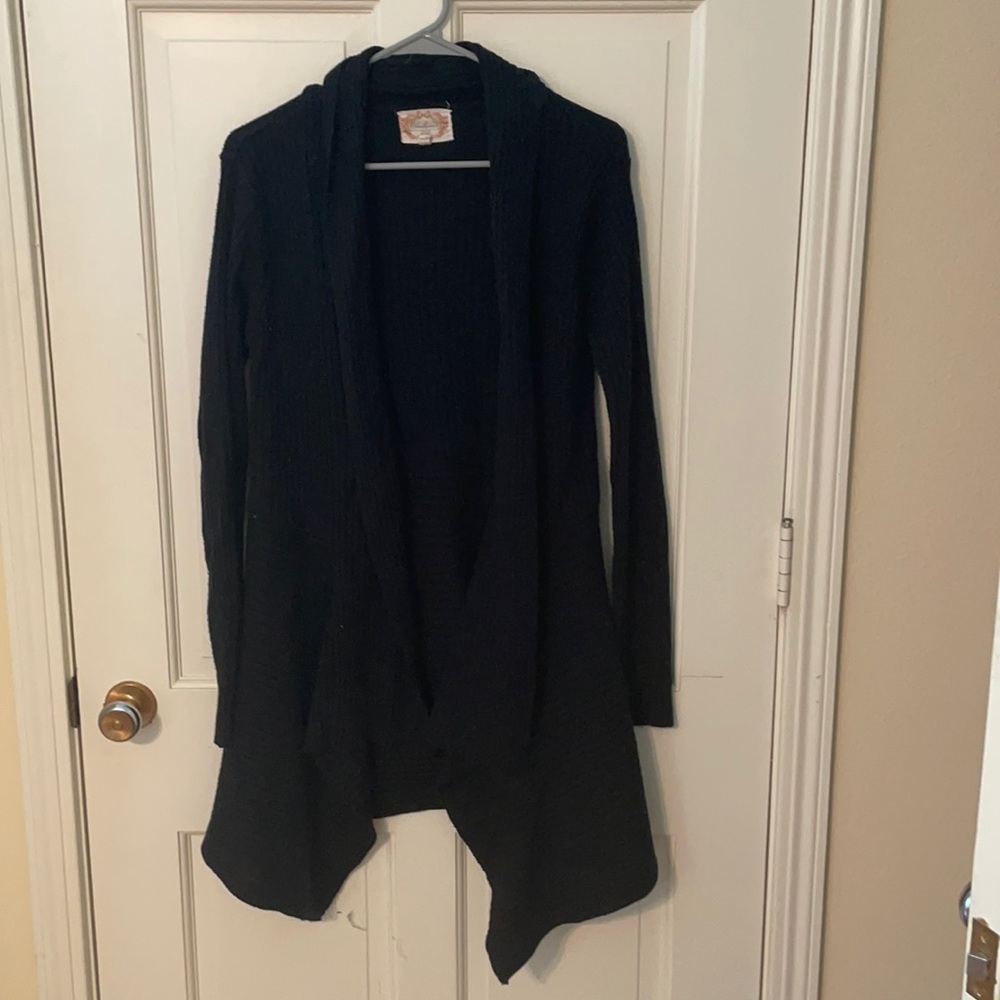 Black cardigan, long with handkerchief hem